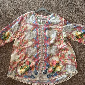 Johnny Was Silk Floral Boho Blouse 1X | Multicolor Print Tunic Top